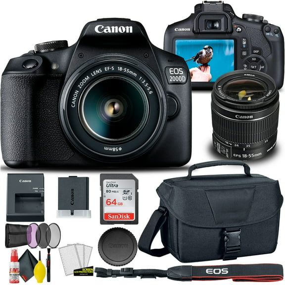 Canon EOS 2000D / Rebel T7 DSLR Camera with 18-55mm Lens + Creative Filter Set, EOS Camera Bag + Sandisk Ultra 64GB Card + Cleaning Sete (International Model)