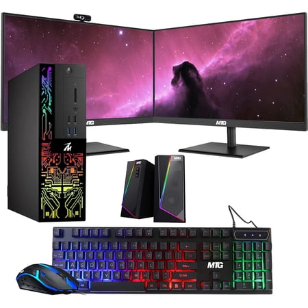 Restored Computer Desktop PC, Core i5-6500, TechMagnet Siwa 6, Dual 27 Inch Monitor, 8GB RAM, 500GB HDD, 1GB Graphic Card, RGB Keyboard Mouse, RGB Speaker, Webcam, WiFi, Win 10 Pro (Refurbished)