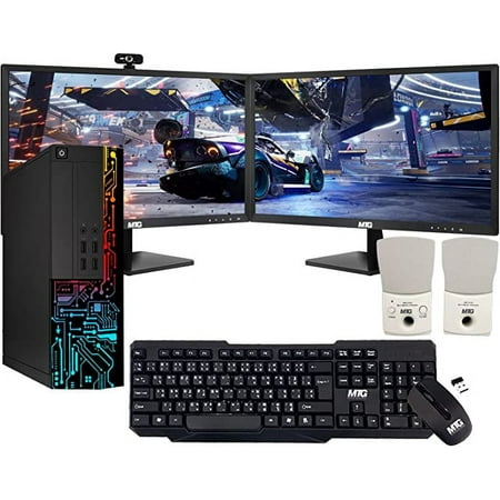 Restored Computer Desktop PC, Intel Core i5, Siwa 8, 8GB RAM, 128GB SSD Boot + 500 GB HDD, Dual 27 Inch Monitor, Wireless Keyboard Mouse, Speaker with Webcam, WiFi, Win 11 Home (Refurbished)