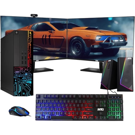 Restored Computer Desktop PC, Intel Core i5, TechMagnet Siwa 8, 16GB RAM, 128GB SSD Boot + 1TB HDD, Dual 22-inch Monitor, RGB Keyboard Mouse, RGB Speaker, Webcam, Wi-Fi, Win 11 Home (Refurbished)
