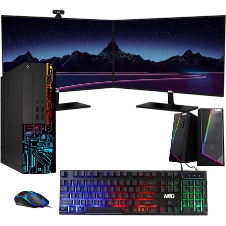 Restored Computer Desktop PC, Intel Core i5, TechMagnet Siwa 8, 16GB RAM, 128GB SSD Boot + 1TB HDD, Dual 24-inch Monitor, RGB Keyboard Mouse, RGB Speaker, Webcam, Wi-Fi, Win 11 Home (Refurbished)