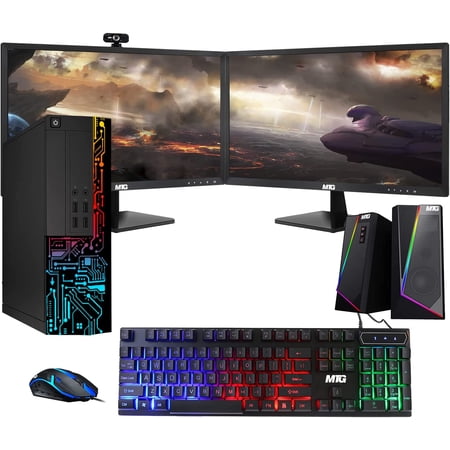 Restored Computer Desktop PC, Intel Core i7, TechMagnet Siwa 8, 16GB RAM, 128GB SSD Boot + 1TB HDD, Dual 27-inch Monitor, RGB Keyboard Mouse, RGB Speaker, Webcam, Wi-Fi, Win 11 Home (Refurbished)