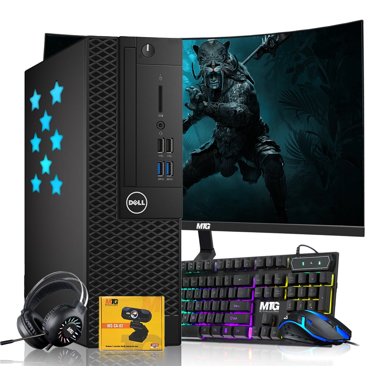 Restored Dell Desktop PC Gaming Bundle - Intel Core i7, 32GB RAM, 1TB SSD, 27-inch Curved Monitor, GT 1030, RGB Keyboard Mouse, RGB Headphone, Webcam, Wi-Fi, Win 11 Pro (Refurbished)