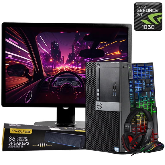 Restored Dell OptiPlex 5040 Gaming Tower Intel Core i5-6th Gen 16GB RAM 512GB SSD NVIDIA GeForce GT 1030 T-Wolf RGB Keyboard and Mouse Gaming Set w/ Desktop Speaker 24" LCD Wi-Fi Windows 10 Home PC (Refurbished)