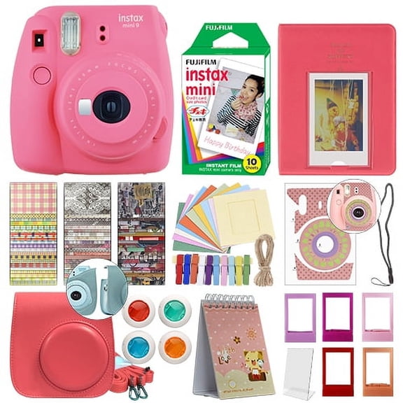 Restored Fujifilm Instax Mini 9 Fuji Instant Film Camera Flamingo Pink + 10 Film Deluxe Bundle (Refurbished)