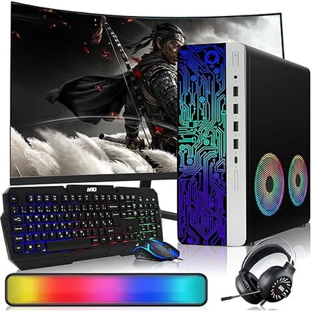 Restored HP G4 Desktop Computer PC AMD Pro A10-9700 R7, 8GB RAM, 1TB SSD, 27" Curved Monitor, RGB keyboard with AI-enabled Copilot Key Mouse, Soundbar, 2X ARGB Fan, Wi-Fi, Win 10 Pro (Refurbished)