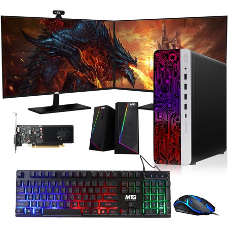 Restored HP G3 Gaming Desktop PC, Intel Core i5 6th Gen, GT 1030 Graphics, 32GB RAM, 240GB SSD + 1TB HDD, MTG New 27 Inch Dual Monitor, RGB Keyboard Mouse, Speaker, Webcam, Win 10 Pro (Refurbished)