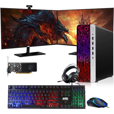 Restored HP G3 Gaming Desktop PC, Intel Core i5 6th Gen, GT 1030 , 32GB RAM, 512GB SSD, MTG New 27 Inch Dual Monitor, RGB Keyboard Mouse, Headphone, Webcam, Win 10 Pro (Refurbished)