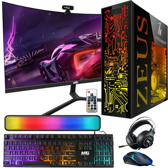 Restored TechMagnet Gaming Desktop PC,Intel i5 4th Gen,Zeus Pro 4,AMD RX 6400,16GB RAM ARGB,1TB SSD+2TB HDD,24 Inch Curved Monitor,RGB Front Panel,RGB Kit,Windows 11 Pro
