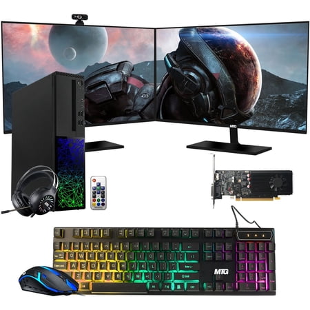 Restored Gaming Desktop PC, Intel i5 6th, Galaxy, 16GB RAM, 480GB SSD 2TB HDD, MTG Dual 27 Inch Monitor, RGB Keyboard Mouse, GT 1030, Speaker, Webcam, Win 10 Pro (Refurbished)