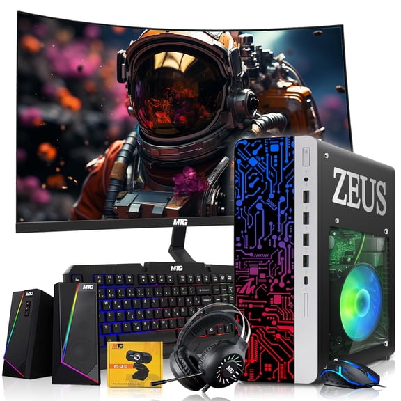 Restored TechMagnet Zeus Pro 9 Gaming Desktop PC, Intel i7, GT 1030, 16GB ARGB RAM, 1TB SSD, 24 Inch Curved Monitor, RGB Keyboard Mouse, Speaker, Headphone, USB WiFi BT, Webcam, Win 11