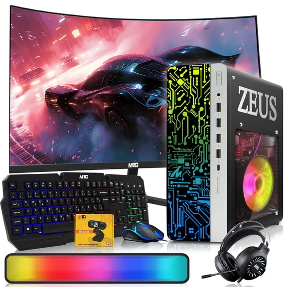 Restored TechMagnet Zeus Pro 8 Gaming Desktop PC, Intel i7, GT 1030, 8GB ARGB RAM, 1TB SSD, 24 Inch Curved Monitor, RGB Keyboard Mouse, Soundbar, Headphone, USB WiFi BT, Webcam, Win 11