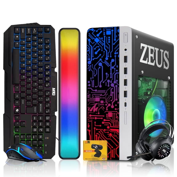 Restored TechMagnet Zeus Pro 9 Gaming Desktop PC, Intel i7, GT 1030, 8GB ARGB RAM, 512GB SSD, RGB Keyboard Mouse, Soundbar, Headphone, USB WiFi BT, Webcam, Win 11