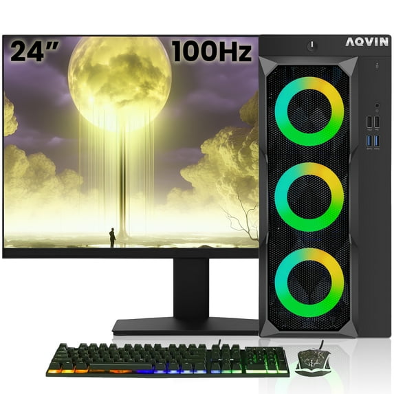 Restored Gaming PC AQVIN LuminaRings Tower Desktop Computer, New 24 inch FHD Monitor, AMD RX 550 4GB GPU, Intel i7 CPU, 32GB DDR4 RAM, 1TB SSD, Windows 10 Pro - (Refurbished)