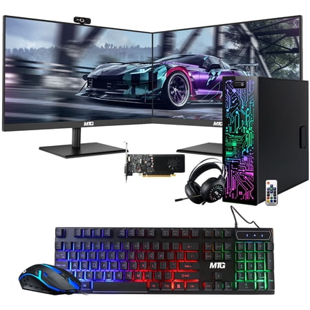 Restored HP G3 RGB Computer PC Intel i5-6th Gen, AMD RX 550 Graphics, 32GB RAM, 240GB SSD + 3TB HDD, MTG 27 Inch Dual Monitor, RGB Keyboard Mouse, Headphone, Webcam, Win 10 Pro (Refurbished)