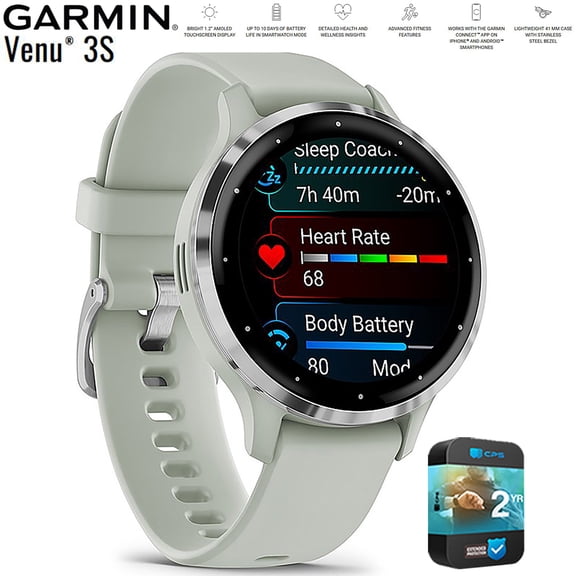Restored Garmin 010-N2785-01 Venu 3S Health Fitness GPS Smartwatch Silver Bezel / Gray Band 41mm (Refurbished) Bundle with 2 YR CPS Enhanced Protection Pack