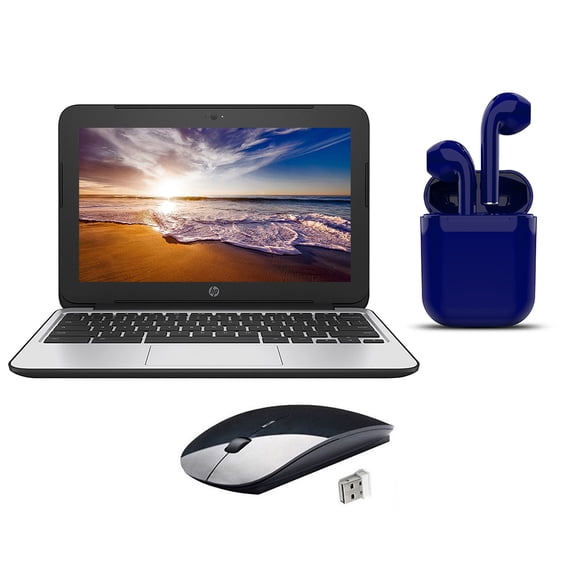 Restored HP Chromebook 11 11.6-inch Intel Celeron 2.1GHz 4GB RAM 16GB SSD Bundle: Wireless Mouse, Bluetooth/Wireless Airbuds By Certified 2 Day Express
