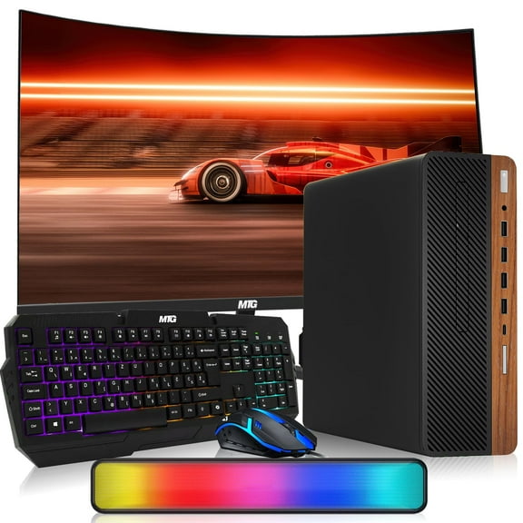 Restored HP Dark Single Premium Desktop Computer PC – AMD Processor,16GB RAM,512GB SSD,27 Inch Curved Monitor,RGB Keyboard with AI Copilot Key and Mouse,RGB Soundbar,Windows 11