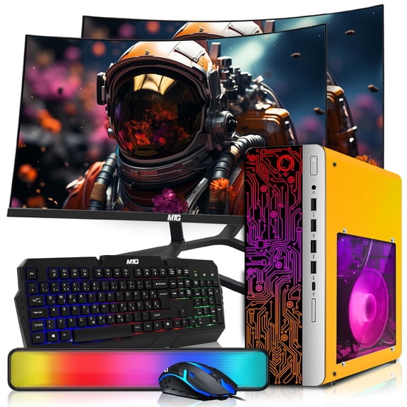 Restored HP Desktop Computer PC Lambo Intel i5, 16GB RAM, 1TB SSD, Dual 24 Inch Curved Monitor, RGB KBM with AI Copilot, WiFi, RGB Soundbar, Windows 11