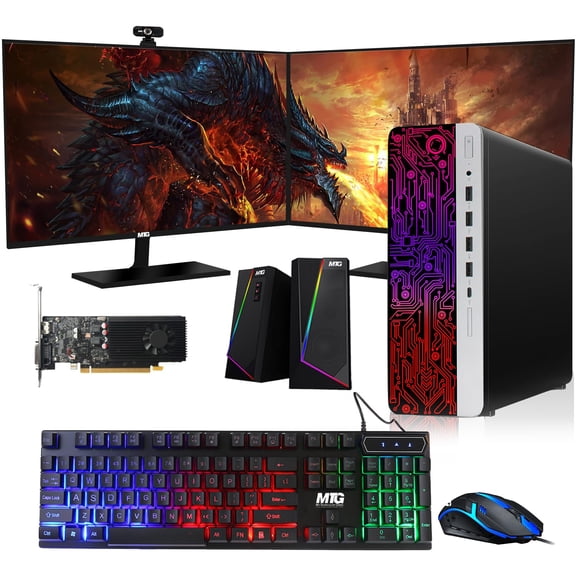 Restored HP G3 Gaming Desktop PC,Core i7 6th Gen,GT 1030 Graphic,16GB RAM,1TB SSD | 2TB HDD,New Dual MTG 27 inch Monitor,RGB Keyboard Mouse,Speaker,Webcam,WiFi,Windows 11 Pro