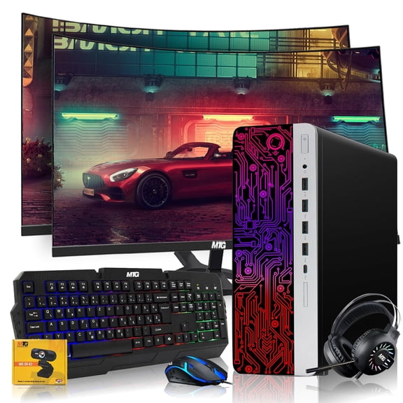 Restored HP G3 Gaming Desktop PC,Intel Core i5 6th Gen,GT 1030 Graphics,32GB RAM,1TB SSD,MTG New 24 Inch Curved Dual Monitor,RGB Keyboard Mouse,Headphone,Webcam,Windows 11 Pro