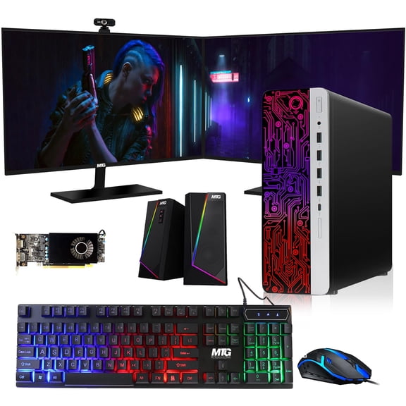 Restored HP G3 Gaming Desktop PC,Intel Core i7 6th Gen,AMD RX 550 Graphics,32GB RAM,240GB SSD+1TB HDD,MTG 24 Inch Dual Monitor,RGB Keyboard Mouse,Speaker,Webcam,Windows 11 Pro