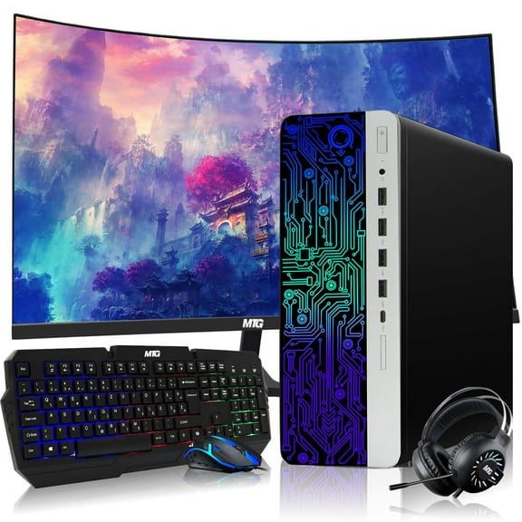 Restored HP G3 Gaming Desktop PC,Intel Core i7 6th Gen,AMD RX 550 Graphics,32GB RAM,240GB SSD + 3TB HDD,MTG New 24 Inch Curved Monitor,RGB Keyboard Mouse,Headphone,Webcam,Windows 11 Pro