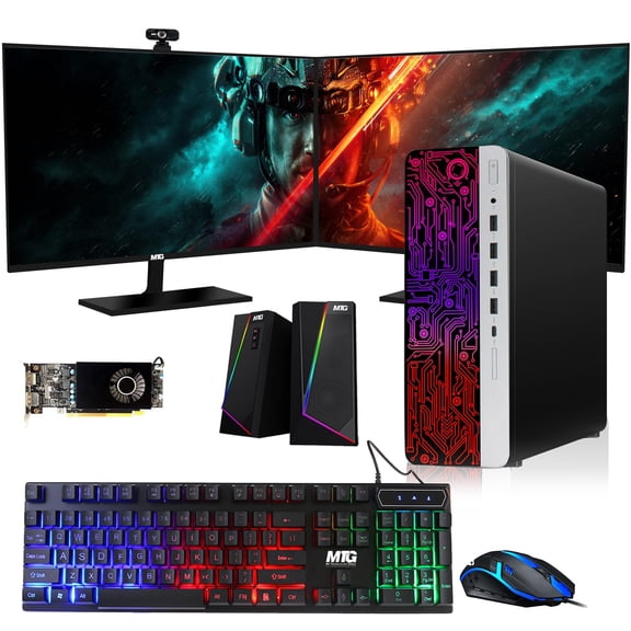 Restored HP G3 Gaming Desktop PC,Intel Core i7 6th Gen,AMD RX 550 Graphics,32GB RAM,512GB SSD,MTG New 27 Inch Dual Monitor,RGB Keyboard Mouse,Speaker,Webcam,Windows 11 Pro