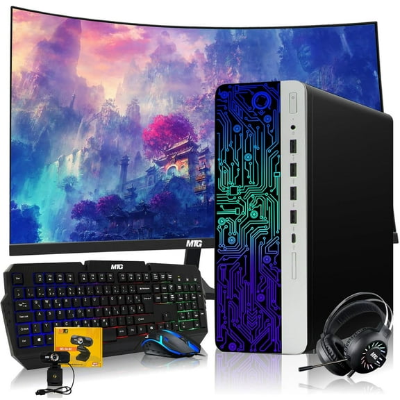 Restored HP G3 RGB Computer PC Intel i5-6th Gen,AMD RX 550 Graphics,32GB RAM,1TB SSD,MTG New 24 Inch Curved Monitor,RGB Kit,Webcam,Windows 11 Pro