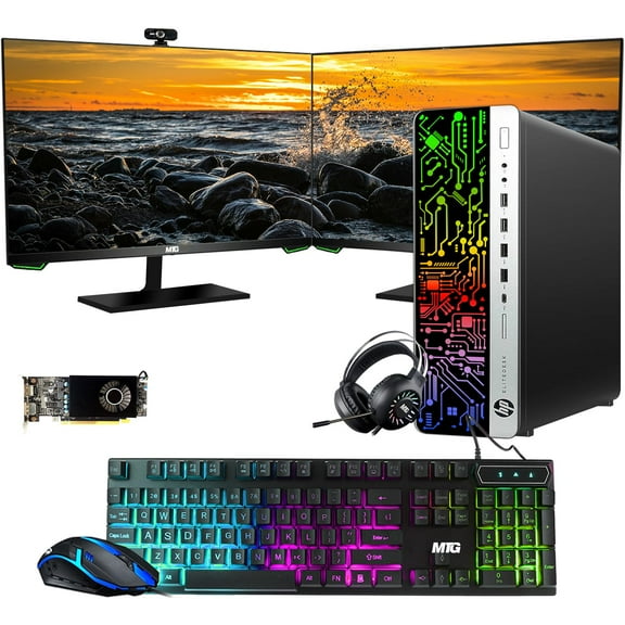 Restored HP G3 RGB Computer PC Intel i5-6th Gen,AMD RX 550 Graphics,32GB RAM,240GB SSD + 3TB HDD,MTG 27 Inch Dual Monitor,RGB Kit,Webcam,Windows 11 Pro