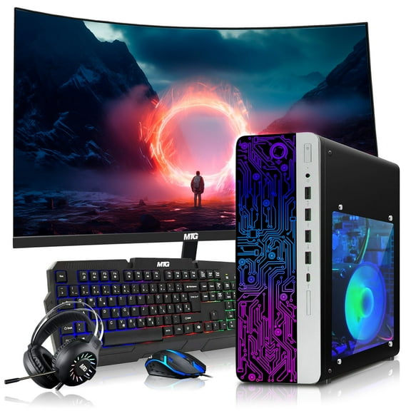 Restored HP Gaming PC Desktop Computer – AMD Pro A10-9700,GT 1030 Graphics,8GB RAM,256GB SSD,24 Inch Curved Monitor,RGB Keyboard with AI Copilot,Mouse,WiFi,RGB Headphone,Windows 11