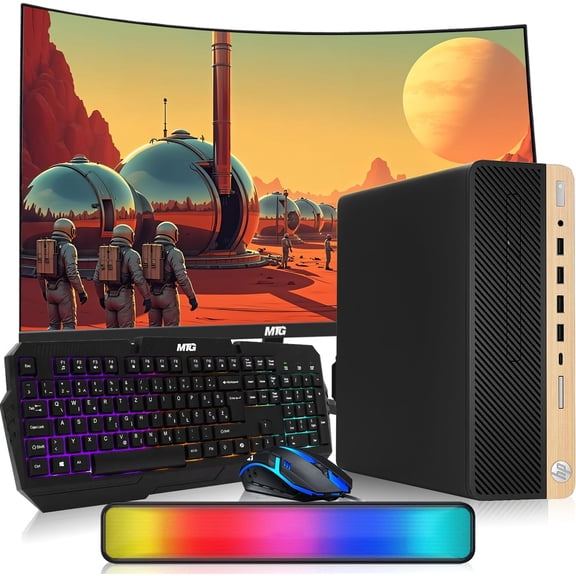 Restored HP Light Single Premium Desktop Computer PC – AMD Processor,16GB RAM,512GB SSD,24 Inch Curved Monitor,RGB Keyboard with AI Copilot Key and Mouse,RGB Soundbar,Windows 11