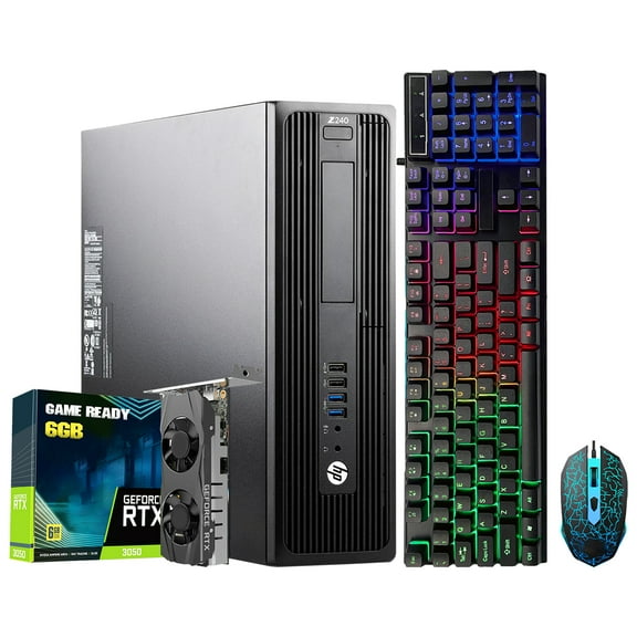 Restored HP Z240 Gaming/ Editing PC - NVIDIA GeForce RTX 3050 6GB (Intel Quad Core i5 CPU/ 1TB NVMe SSD/ 32GB DDR4 RAM/ Windows 10 Pro) RGB Keyboard Mouse (Refurbished)