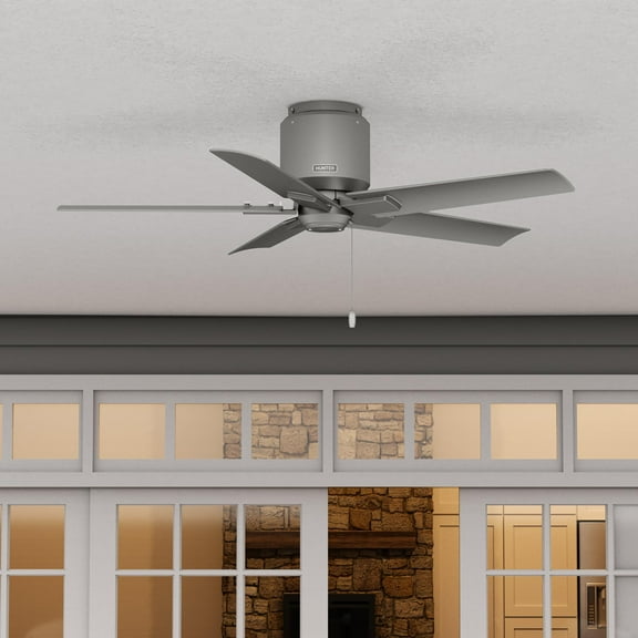 Restored Hunter Fan 44 inch Low Profile Matte Silver Finish Outdoor Ceiling Fan With 5 Blades and Pull Chain (Refurbished)