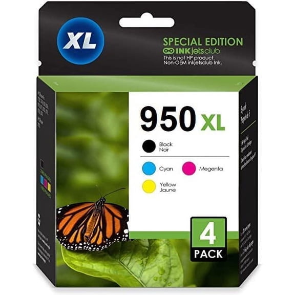 Restored InkjetsClub Compatible HP 950XL Printer Ink Value Pack. Works with Officejet-PRO 8600 8610 8620 8630 8100 8640 8660 8615 8625 251dw 271dw 276DW Printers. 4 Pack (Black, Cyan, Magenta, Yellow) (Refurbished)
