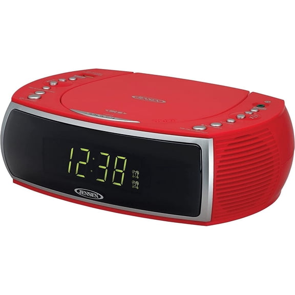 Restored Jensen JCR-322R Modern Home CD Tabletop Stereo Clock Digital Display AM/FM Radio CD Player Dual Alarm Clock (Red)- (Refurbished)