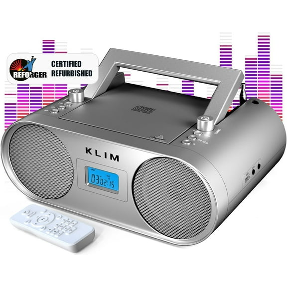 Restored KLIM Boombox B4 CD Player Portable & Tabletop Stereo System   AM/FM Radio, MP3, Bluetooth, AUX, USB, Rechargeable Battery   AC Power, Remote, Autosleep, Digital EQ (Refurbished)