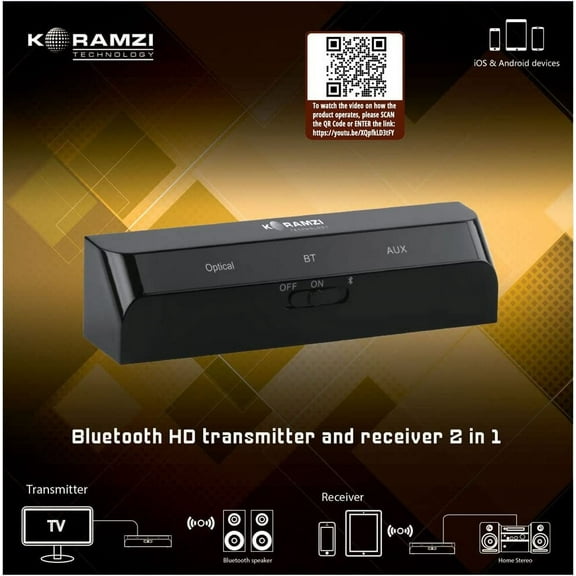 Restored KORAMZI BTR26 Bluetooth HD Transmitter and Receiver 2 in 1 , Sound Enhancements w/ APTX-LL (Black) (Refurbished)