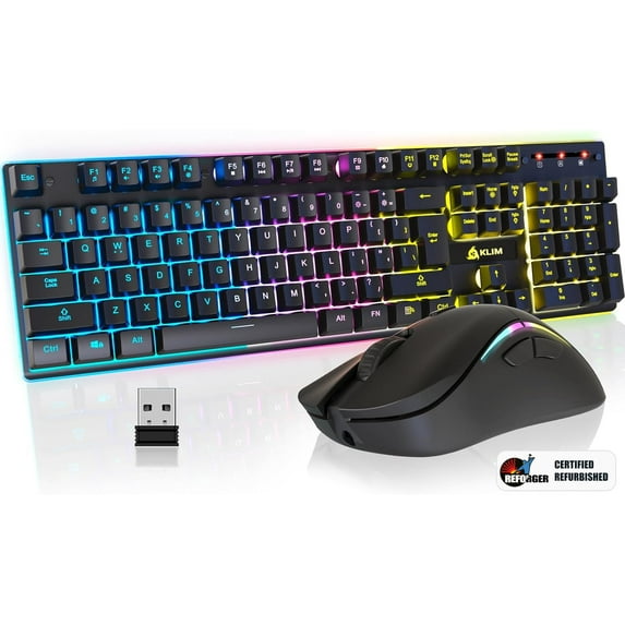 Restored Klim Thunder Wireless Gaming Keyboard and Mouse Combo - Illuminated RGB Keyboard with Rechargeable Battery + 4800 DPI RGB Wireless Gaming Mouse for PC (Refurbished)
