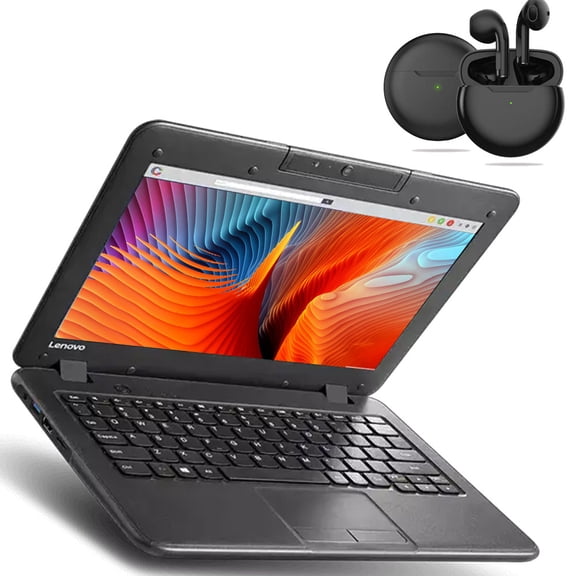 Restored Lenovo N22 Chromebook 11.6 inch Intel Processor/ 4GB Memory/ 16GB eMMC Storage/ USB3.0/ Bluetooth/ Wi-fi/ Webcam with Pro 6 Wireless Earbuds Chrome Notebook