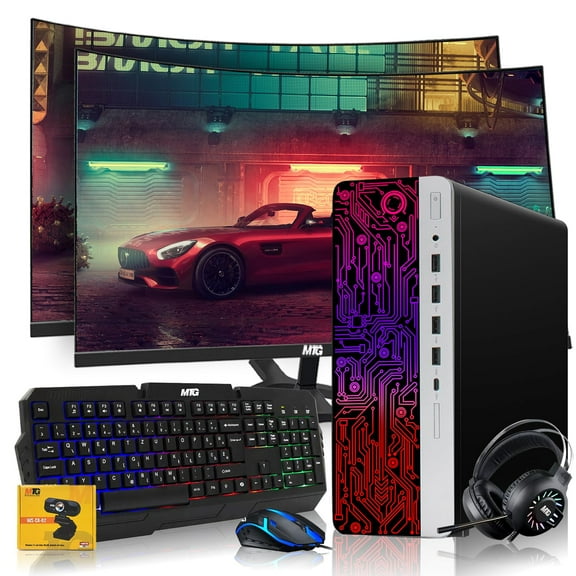 Restored HP G3 Gaming Desktop PC,Intel Core i7 6th Gen,AMD RX 550 Graphics,32GB RAM,240GB SSD + 1TB HDD,MTG 24 Inch Curved Dual Monitor,RGB Keyboard Mouse,Headphone,Webcam,Windows 11 Pro