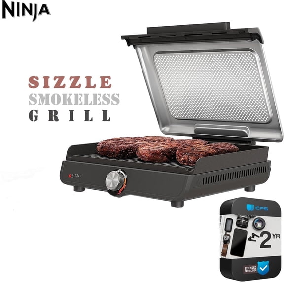 Restored Ninja GR100 Sizzle Smokeless Indoor GrillBundle with 2 Year Enhanced Protection Pack (Refurbished)