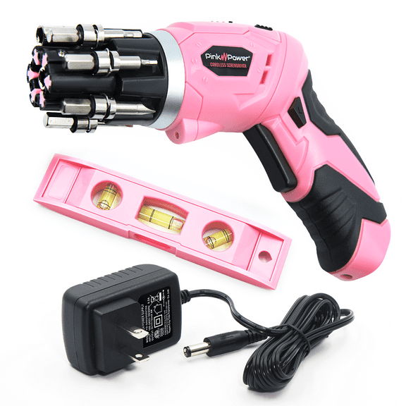 Restored Pink Power 3.6 Volt Rechargeable Cordless Electric Screwdriver Set with Bubble Level (Refurbished)