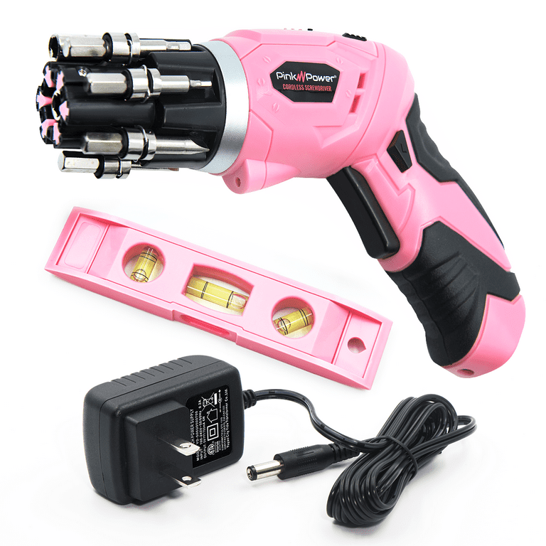 Restored Pink Power 3.6 Volt Rechargeable Cordless Electric Screwdriver Set with Bubble Level Refurbished