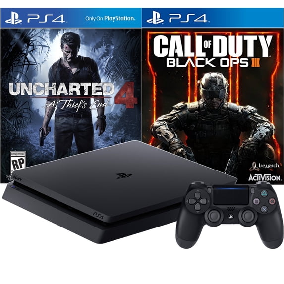 Restored Sony PlayStation 4 Slim 500GB Video Game Console with Uncharted 4 & Call of Duty: Black OPS III Bundle, Black, 1, 1