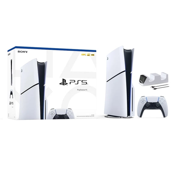 Restored PlayStation 5 Slim Disc Edition Console, Controller and Mytrix Controller Charger - White, Slim PS5 1TB PCIe SSD Gaming Console (Refurbished)