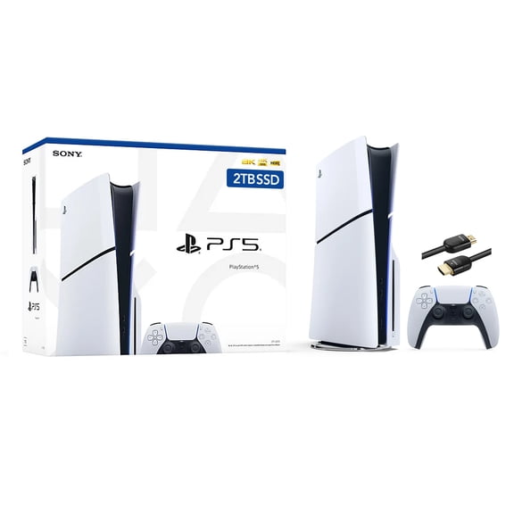 Restored PlayStation 5 Slim Upgraded 2TB Disc Edition Console, Controller and Mytrix 8K HDMI Ultra High Speed Cable - White, Slim PS5 2TB PCIe SSD Gaming Console (Refurbished)