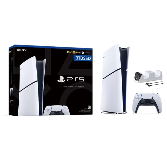 Restored PlayStation 5 Slim Upgraded 3TB Digital Edition Console, Controller and Mytrix Controller Charger - White, Slim PS5 3TB PCIe SSD Gaming Console (Refurbished)