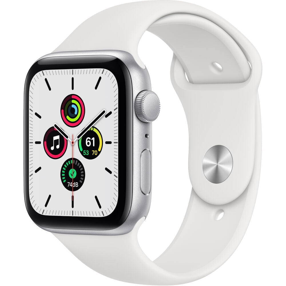 Restored Premium Apple Watch Series SE (GPS + Cellular, 44mm) - Silver Aluminum Case with White Band (Refurbished)