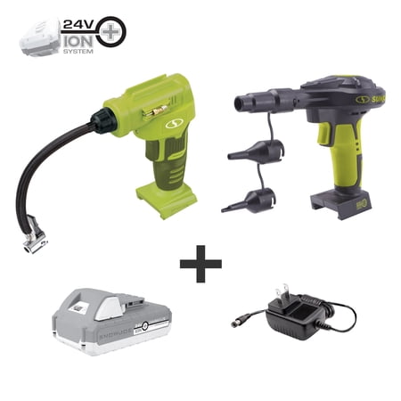 Restored Premium Sun Joe + Auto Joe 24V Cordless High Volume Inflator & Portable Air Compressor with Attachments, 2.0-Ah Battery & Charger (Refurbished)